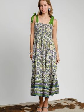 Umgee Green and Blue Floral Maxi Dress with Smocked Bodice